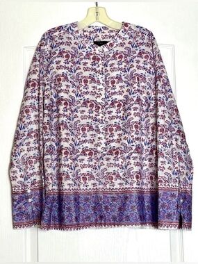 J. Crew Iris Block Floral Tunic Popover Size M Purple Red Pink Cotton Metallic